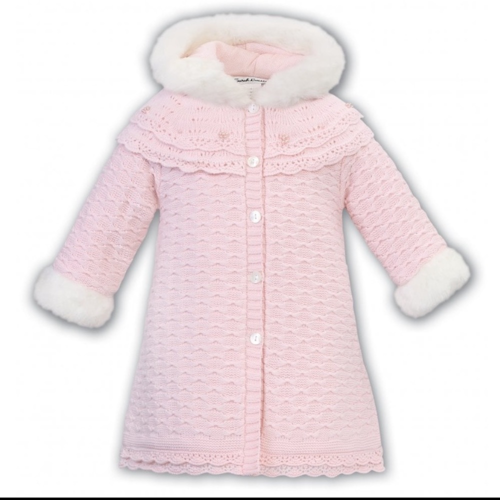 Sarah Louise girls 18 month pale pink knitted coat faux fur trim